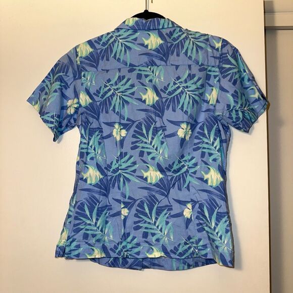Columbia Hawaiian Short Shirt Collared Button Blue Tropical Floral Womens Small - Picture 5 of 10